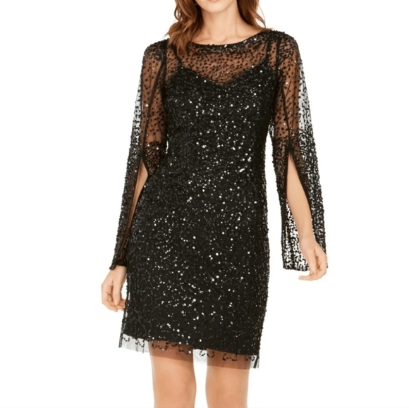 NWT ADRIANNA PAPELL Black Beaded Split Sleeve Sheath Cocktail Dress size 4 - Picture 1 of 13